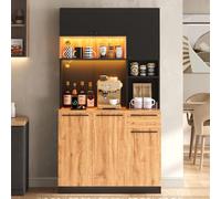 luckdect Buffet Haut Cuisine Grande Capacité 180cm, Armoire Rangement 6 Portes 1 Tiroir, Étagères Réglables, LED RGB App Contrôlable, 2 Prises AC 2 USB, Bicolore Noir & Bois, Anti-Basculement