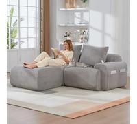 luckdect Canapé d'angle 200cm, Canapé 2 Places avec 1 Poufs, Canapé Modulaire avec Porte-Boissons et Poche de Rangement Latérale, Canapé Compressé en Velours Côtelé pour Salon