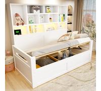 luckdect Canapé lit 90 x 200, Lit Coffre 90 x 200 avec LED et Multiprise, Lit Hydraulique, Lit 1 Personne avec Rangement,Lit Enfant avec Sommier à Lattes en Bois, sans Matelas
