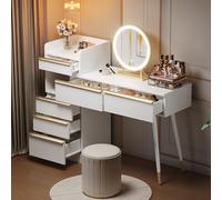 luckdect Coiffeuse avec Miroir,Luminosité Réglable,Dressing Table Extensible de Maquillage,Étagère de Rangement,6 Tiroirs,2 Compartiments Ouverts,Coin Beauté(sans Tabouret)