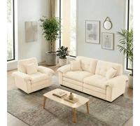 luckdect Ensemble Canapé et Fauteuil Pivotant 2 Pièces, Canapé 2 Places en Chenille Beige, Assise Profonde Mousse à Mémoire de Forme, Coussins Inclus, pour Salon Appartement Bureau