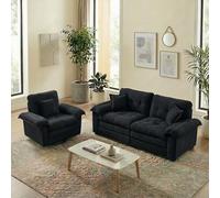 luckdect Ensemble Canapé et Fauteuil Pivotant 2 Pièces, Canapé 2 Places en Chenille Noir, Assise Profonde Mousse à Mémoire de Forme, Coussins Inclus, pour Salon Appartement Bureau
