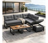luckdect Ensemble Salon de Jardin Modulaire 5 Pièces,Mobilier d’Extérieur avec Canapé d’Angle à Rangement,Fauteuils Chaise,2 Table Basse Effet Bois,Coussins Inclus