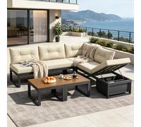 luckdect Ensemble Salon de Jardin Modulaire 5 Pièces,Mobilier d’Extérieur avec Canapé d’Angle à Rangement,Fauteuils Chaise,2 Table Basse Effet Bois,Coussins Inclus