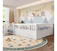 luckdect Lit au Sol Enfant 140x190 cm Blanc avec Barrières de Sécurité, Cadre de Lit Bois de Pin, Décoration Étoile et Lune, sans Sommier, Chambre Garçon Fille