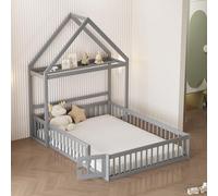luckdect lit cabane 140x200 avec Espace de Rangement, Lit Montessori, Lit au Sol avec Porte & Barrière Sécurisée, Bois Massif, Sommier à Lattes, pour Enfants