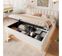 luckdect Lit Double Coffre 180x200 Beige Chenille, Lit Deux Personnes Rangement Hydraulique, LED RGB Ambiance, Sommier à Lattes, Tête Capitonnée, Charge 360kg Chambre Parentale, sans Matelas