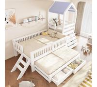 luckdect Lit Enfant 90x200 cm avec Lit Gigogne 90x190 cm, Lit au Sol, lit Montessori Style Maison avec Bloc à Quatre tiroirs sur la Droite, escalier latéral, lit avec Rangement pour Adolescents