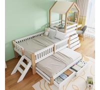 luckdect Lit Enfant 90x200 cm avec Lit Gigogne 90x190 cm, Lit au Sol, lit Montessori Style Maison avec Bloc à Quatre tiroirs sur la Droite, escalier latéral, lit avec Rangement pour Adolescents