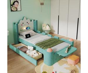 luckdect Lit Enfant 90x200 cm Cabane Nuage, Tiroir Réversible et Tablette Rabattable, LED et Port USB, Lit Simple Rembourré Velours Bleu Canard, Pouf et Barrières de Sécurité Inclus