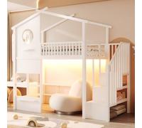 luckdect Lit Mezzanine Enfant 90x200 en Fer, Forme Maison, lit cabane avec Bande Lumineuse LED, lit Hauteur Enfant avec escalier, Espace de Rangement et Garde-Corps élevé, lit pour Enfants