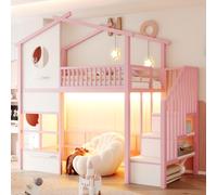 luckdect Lit Mezzanine Enfant 90x200 en Fer, Forme Maison, lit cabane avec Bande Lumineuse LED, lit Hauteur Enfant avec escalier, Espace de Rangement et Garde-Corps élevé, lit pour Enfants
