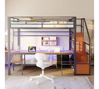luckdect Lit Surélevé Métallique Multifonction 140x200,Lit Gigogne avec Lit Inférieur 90x200,Grand Bureau Intégré,LED, Prise Électrique,Escalier à Rangement et 2 Tiroirs pour Adolescent