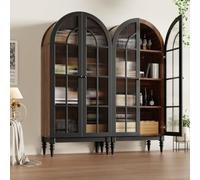 luckdect Lot de 2 Vitrines Cintrées 165 cm avec Portes Doubles en Verre Cannelé, 3 Étagères, Vaisselier avec Rangement, Buffet Haut Cuisine, Meuble de Salle à Manger et Salon, Noyer et Noir