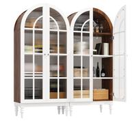 luckdect Lot de 2 Vitrines Cintrées 165 cm avec Portes Doubles en Verre Cannelé, 3 Étagères, Vaisselier avec Rangement, Buffet Haut Cuisine, Meuble de Salle à Manger et Salon, Noyer et Blanc