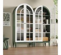 luckdect Lot de 2 Vitrines Cintrées 165 cm avec Portes Doubles en Verre Cannelé, 3 Étagères, Vaisselier avec Rangement, Buffet Haut Cuisine, Meuble de Salle à Manger et Salon, Vert + Blanc