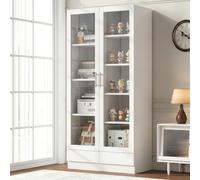 luckdect Meuble Vitrine en Verre avec 2 Portes,Grande Tiroir Basse,Armoires Cuisine,Buffet,Haut Vaisselier avec 9 Étagères,Salon,Transparent Armoir pour Collection,Curio,Livres,Moderne