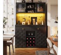 luckdect Vaisselier Buffet Haut de Cuisine, Panneau Perforé Porte-Bouteilles Étagères Réglables, Éclairage LED RGB Prises 230V + USB, Style Moderne Rétro, Noir, 120x40x178cm