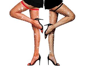 LUCKELF Bas de cuisse pour femme avec strass en résille élastique, noir/rouge, taille unique