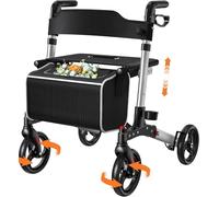 Luckfaith LR02 Déambulateur avec siège, Déambulateur 4 roues pliable pour adultes, Charge maximale 136 kg, Système de double frein, Roues 8"", 6 hauteurs réglables, Sac amovible & Dossier - Argent