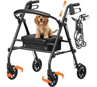 Luckfaith Rollator Déambulateur avec Siège et Rangement - Aide à la Marche Léger et Pliable à 4 Roues pour Seniors et Personnes Handicapées, Usage Intérieur & Extérieur, Noir