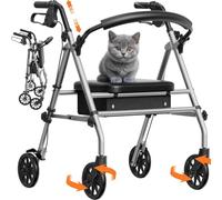 Luckfaith Rollator pliant avec siège - stable, 4 roues, pour seniors et mobilité réduite, Gris argent