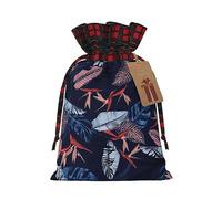 Luckily&Day Sac cadeau de Noël avec cordon de serrage imprimé oiseau bleu et orange pour fête, festival, sac en toile réutilisable amusant, 1 pièce