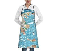 Luckily&Day Tablier de cuisine fantaisie avec poches pour femme - Motif carte de la Grèce - Blanc - Taille unique, Blanc, taille unique