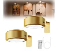 LUCKKY 2PCS Picture Lights for Wall, Applique Murale LED pour Tableau, Lampe Tableau sans Fil Rechargeable, Spot LED sans Fil, Eclairage Tableau Led Pile Avec Télécommande et 3 temps de couleur (Or)