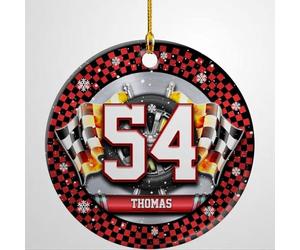 Luckluccy Décoration de Noël personnalisée en forme de voiture de course en céramique pour sapin de Noël, sapin de Noël, décorations de vacances, cadeaux pour coureur, garçons, enfants, hommes