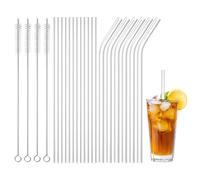 LUCKNIGHT 12 PCS Paille en Verre Réutilisables, 6 Longues Droites + 4 Pailles en Verre Incurvées + 4 Brosses de Nettoyage pour Bubble Tea, Smoothies, Cocktails, Jus - 20cm