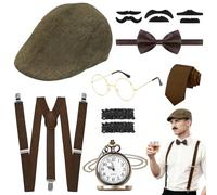 LUCKNIGHT 8PCS Accessoire Annee 20 Homme, Great Gatsby Gangster Costume, Années 1920 Déguisement, avec Beret Homme Montre de Poche Bretelles Noeud Papillon Barbes Manche Lunettes Cravate