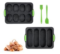 LUCKNIGHT Moule a Baguette, Moule à Pain Baguette Français, Moule à Pain Perforé En Silicone Antiadhésif Et Perforé, 4, 8 Cavités, Avec Brosse à Huile, 34 x 24 x 2.5 cm, 2 Pièces