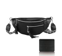 Luckwaii Sac banane en cuir pour femme - Sac à main avec large sangle noire et ceinture d'argent avec compartiment pour cartes de crédit - Sac bandoulière - Petit pour femme - Voyage - Shopping