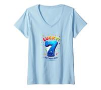 Lucky 7 Birthday Boy Célébration Festive pour Enfants T-Shirt avec Col en V, Femme, Bleu Céleste, L