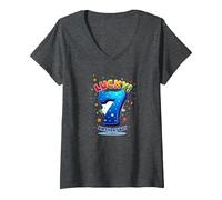 Lucky 7 Birthday Boy Célébration Festive pour Enfants T-Shirt avec Col en V, Femme, Chiné Foncé, XXL