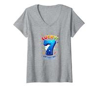 Lucky 7 Birthday Boy Célébration Festive pour Enfants T-Shirt avec Col en V, Femme, Gris Chiné, XL
