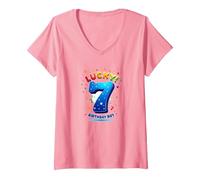 Lucky 7 Birthday Boy Célébration Festive pour Enfants T-Shirt avec Col en V, Femme, Rose, XXL
