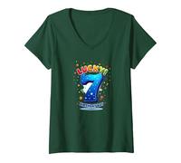 Lucky 7 Birthday Boy Célébration Festive pour Enfants T-Shirt avec Col en V, Femme, Vert Forêt, XXL