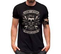 Lucky 7® T-shirt pour homme Motif tête de mort Hot Rod Garage, Noir , M