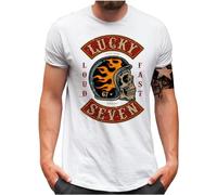 Lucky 7® T-shirt pour homme - Vintage Flame Skull Hell Racer Loud & Fast Chopper Biker L7 - S - 5XL, Blanc., XXL