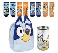 Lucky Boxer Bluey Sac à dos pour crèche Bleu 18 x 22 x 8 cm en polyester, fermeture éclair + lot de 4 chaussettes pour enfant Motif Bluey Taille 27-30, Bleu, 27-30, Décontracté
