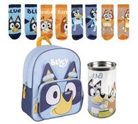 Lucky Boxer Bluey Sac à dos pour enfant Bleu 15,5 x 30 x 10 cm en polyester, fermeture éclair + lot de 4 chaussettes pour enfant Motif Bluey Taille 23-26, Bleu, 23-26, Décontracté
