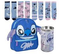 Lucky Boxer Sac à dos scolaire Stitch unisexe pour enfants, bleu, petit + lot de 4 chaussettes pour enfant Motif Stitch Taille 27-30