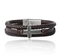 Lucky Brand Bracelet marron texturé à triple rangée de croix pour homme 21,6 cm, plaqué argent antique, bijou en forme de croix