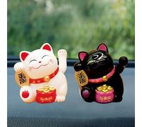 Lucky Cat - Figurine solaire qui clignote les mains - Figurine solaire - Statue de chat porte-bonheur - Statue de tableau de bord - Décoration pour voiture, maison ou bureau (1 blanc et 1 noir)