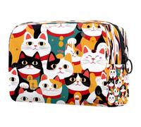 Lucky Cats Trousse de maquillage pour femme Motif sans couture Trousse de toilette de voyage Grande pochette de maquillage pratique avec fermeture éclair, multicolore, 18.5x7.5x13cm/7.3x3x5.1in