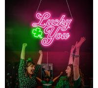 Lucky You - Panneau néon LED - Trèfle à 4 feuilles - Décoration murale de vacances - Cadeau pour les amoureux ou la famille