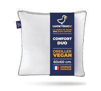Luckyduck Oreiller Duo 60x60 - Une Face Ferme, Une Face Moelleuse - Garnissage Microfibre 1 Face et Polyester silliconnée Seconde Face- Percale Coton - Soutien Personnalisé - Lavable en Machine
