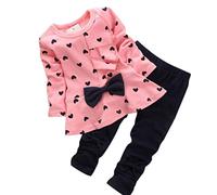 LuckyGirl Fille Enfant Ensemble en 2 PCS T-shirt Longues Manches + Pantalons Blouse Tee Blouse Motif Cœur Noeud Papillon -Mélange Coton- 0~24 Mois (Âge: 3~6 Mois, Rose)
